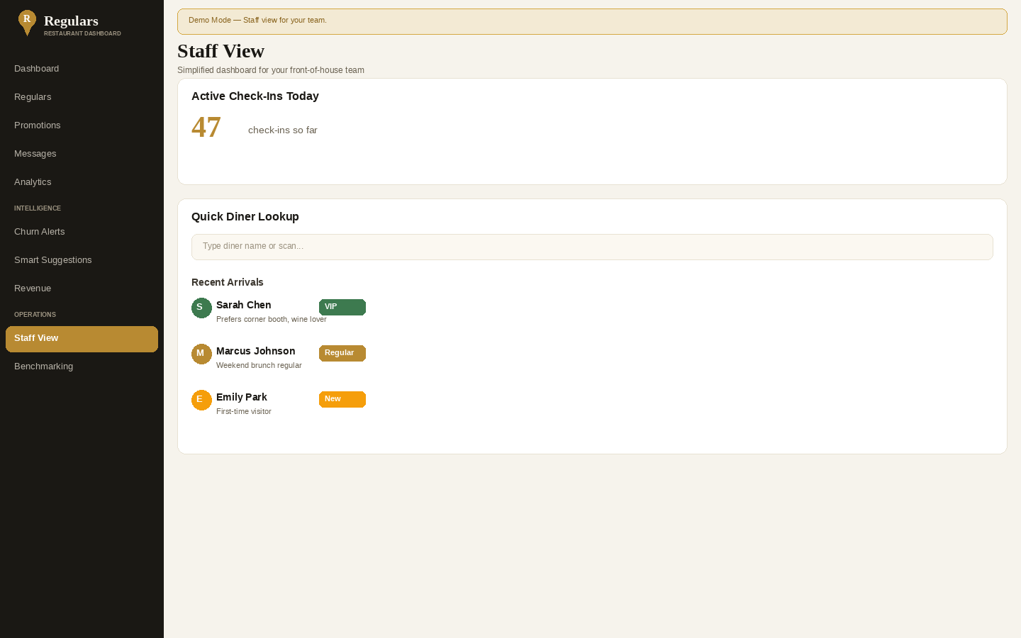 Example of the Regulars Host Stand interface for restaurant staff